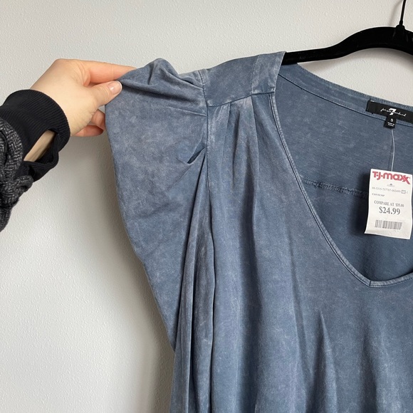 7 For All Mankind Blue Puff Shoulder Long Sleeve V-Neck Shirt Size Small - Picture 3 of 9